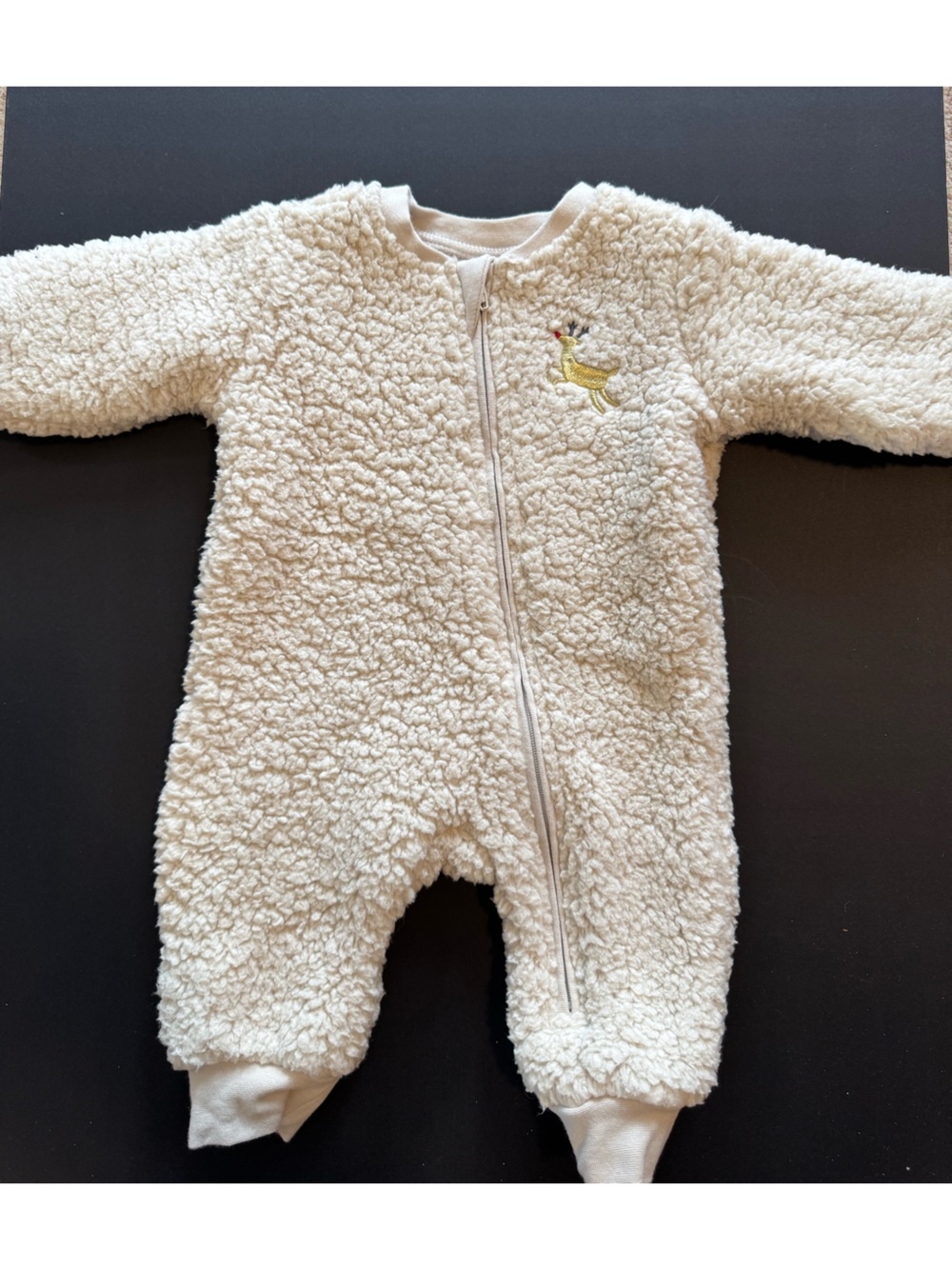 Petit Lem Cream Sherpa Holiday One-Piece with Yellow Embroidered Reindeer